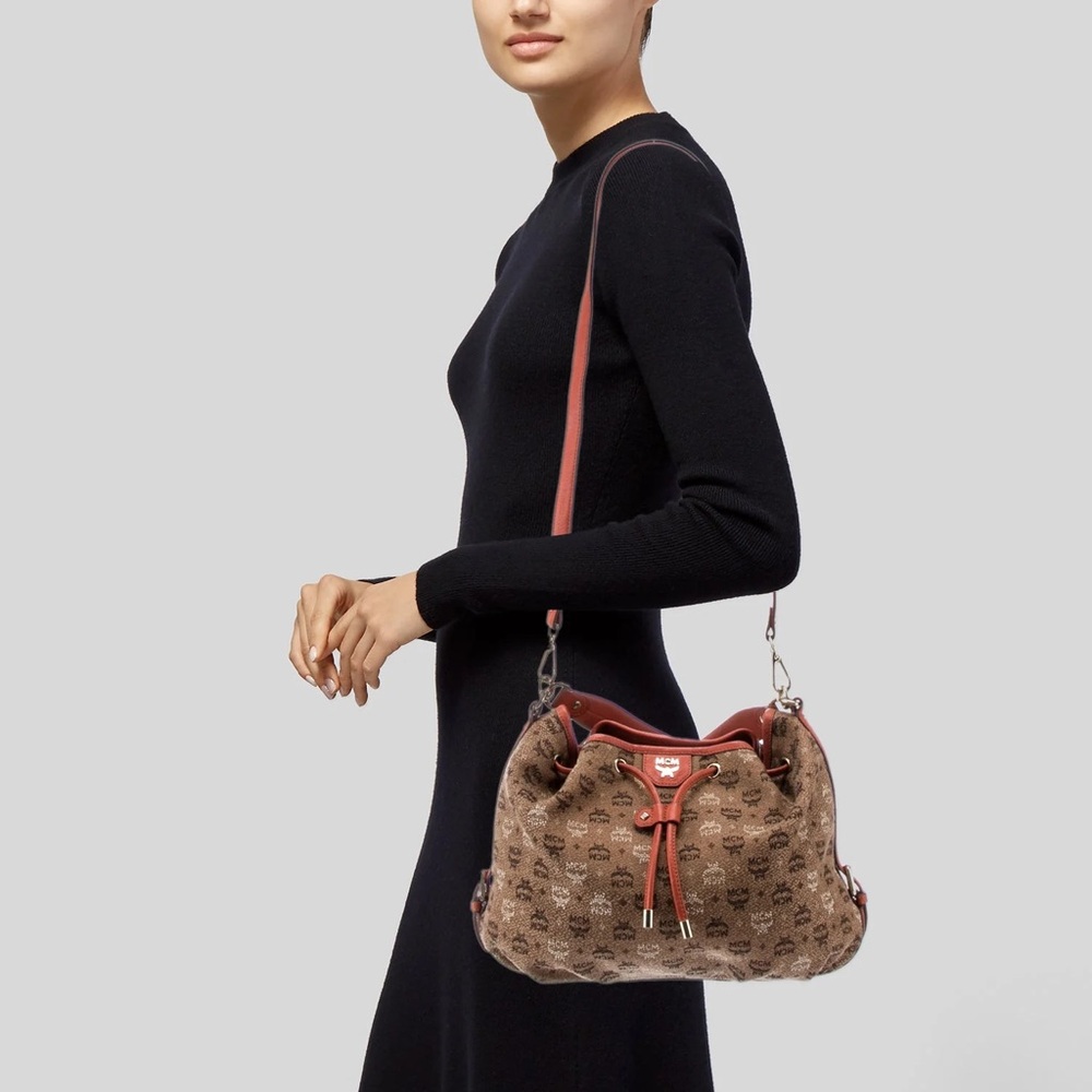 MCM Visetos Jacquard Bucket Bag Drawstring Crossbody Shoulder Brown Orange - Picture 2 of 16